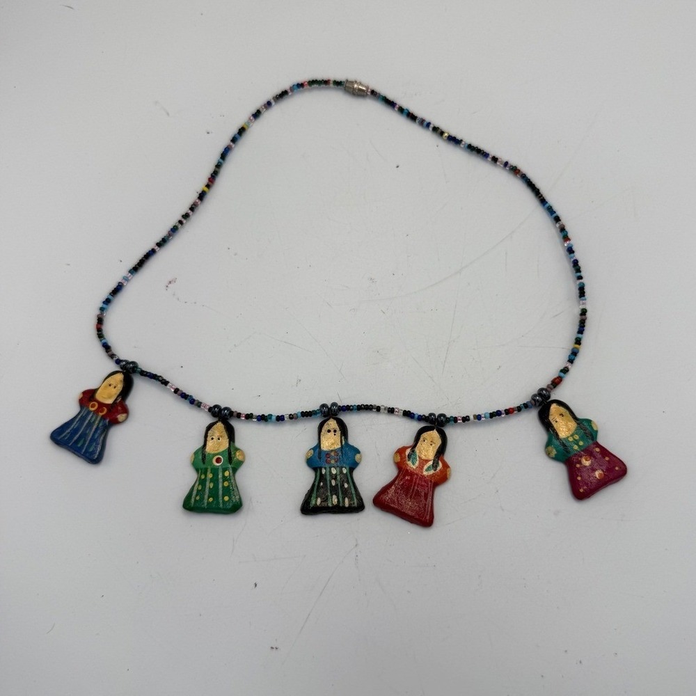 Vintage Hand Painted Worry Doll Seed Bead Charm Necklace Folk Art Multicolored